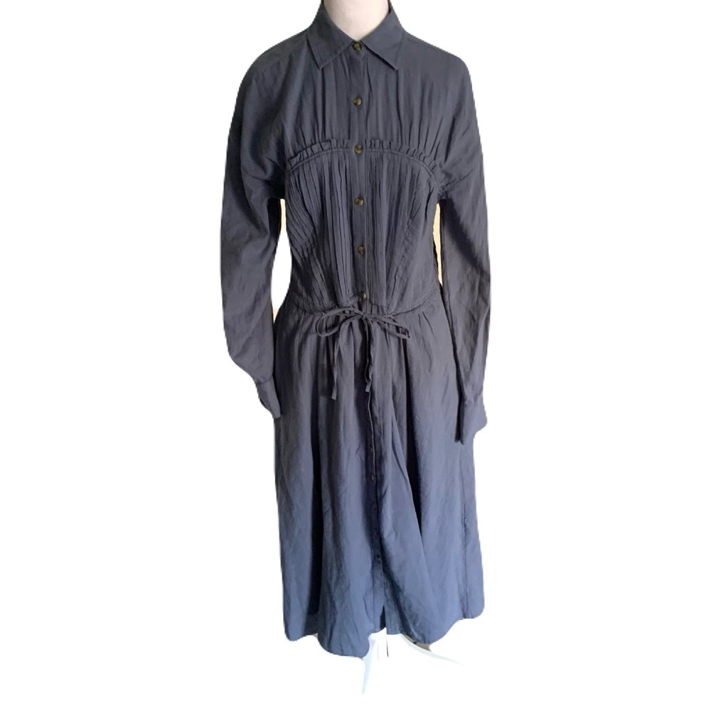 Anthropologie Pilcro Small Blue Gray Pleated Midi Shirt Dress Long Sleeve